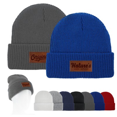 Cuffed Knit Beanie With Faux Leather Patch